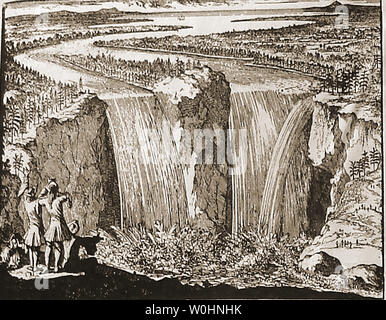1697 - Das erste Bild von Niagara Falls, dass im Vereinigten Königreich erschienen (eine der abgebildeten Personen Vater Louis Hennepin, ein belgischer Missionar Stockfoto