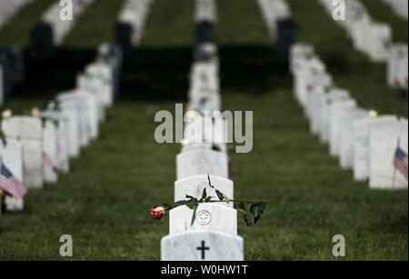 Rosen sind auf Grabsteine auf dem Arlington National Cemetery am Memorial Day, 25. Mai 2015 in Arlington, Virginia, gesehen. Foto von Kevin Dietsch/UPI Stockfoto