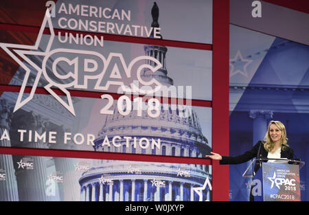 Französische Politiker und großartige Tochter des Gründers des Front National, Jean-Marie Le Pen, Marion Marechal-Le Pen macht Bemerkungen auf die Konservative politische Aktion Konferenz (CPAC), Februar 22, 2018, National Harbor, Maryland. Tausende von konservativen Aktivisten, Republikaner und Tea Party Patrioten versammelt zu hören Politiker und Radio- und TV-Gastgeber sprechen, Lobby und Netzwerk für die Konservativen verursachen. Foto von Mike Theiler/UPI Stockfoto