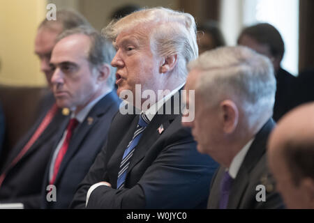 US-Präsident Donald J. Trumpf (C) spricht neben US-Veterans Affairs David Shulkin (L) und US-Verteidigungsminister Jim Mattis (R) bei einem Treffen mit Mitgliedern seines Kabinetts im Schaltschrank des Weißen Hauses in Washington, DC am 8. März 2018. Foto von Michael Reynolds/UPI Stockfoto