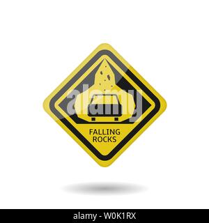 Gelber Steinschlag Warnzeichen. Auto und Steine, Symbol, Vector Illustration Stock Vektor