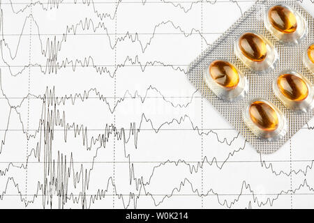 Nahaufnahme der Blisterpackung mit gelben Pillen auf EKG-Diagramm. Stockfoto