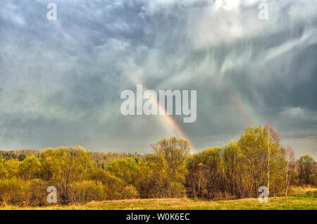 Bunte Double Rainbow an bewölkten Himmel über Wald nach Frühling Regen - schöner Frühling Landschaft. Himmelserscheinung - Sonnenlicht Brechung in Stockfoto