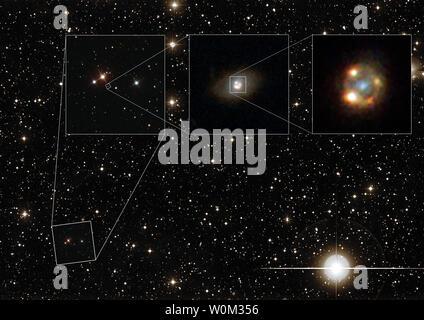 Das zusammengesetzte Bild, am 20. April 2017 veröffentlicht wurde, zeigt die Gravitativ lensed Typ Ia Supernova iPTF 16 geu, wie mit verschiedenen Teleskopen gesehen. Das Hintergrundbild zeigt ein breites Feld Blick auf den Nachthimmel wie mit dem Palomar Observatory auf Palomar Mountain, Kalifornien gesehen. Das linke Bild zeigt Beobachtungen mit dem Sloan Digital Sky Survey (SDSS). Das zentrale Bild wurde von der NASA/ESA Hubble Space Telescope aufgenommen und zeigt die Lensing galaxy SDSS J 210415.89-062024. 7. Das rechte Bild wurde auch mit Hubble aufgenommen und zeigt die vier lensed Bilder der Supernova explosi Stockfoto