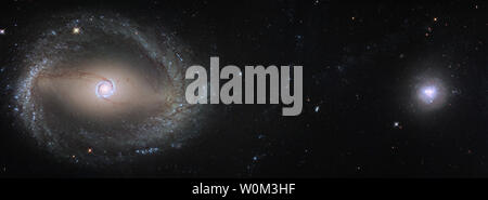 Die Schwerkraft Tanz zwischen zwei Galaxien in unserer Nachbarschaft führte zu faszinierenden visuellen Funktionen in beiden wie in diesem neuen NASA/ESA Hubble Space Telescope-Bild am 27. Juli 2017 veröffentlicht. Die winzigen NGC 1510 (rechts) und seinem riesigen Nachbarn NGC 1512 (links) stehen am Anfang einer langen Fusion, eines wichtigen Prozesses in Galaxienentwicklung. Trotz seiner geringen Größe hatte NGC 1510 einen bedeutenden Effekt auf NGC 1512 Struktur. Galaxien sind in einer Vielzahl von Formen und Größen, und Astronomen nutzen diese Tatsache um zu klassifizieren, basierend auf ihren Auftritt. NGC 1512, die große Galaxie, t Stockfoto