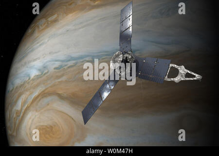 In dieser Abbildung wird die NASA-Raumsonde Juno im Orbit über Große Rote Fleck des Jupiter. Vom Jet Propulsion Laboratory der NASA in Pasadena, Kalifornien, verwaltet die Juno Mission für den Principal Investigator, Scott Bolton, der Southwest Research Institute in San Antonio. Die Juno Mission ist Teil der neuen Grenzen Programm Managed des NASA Marshall Space Flight Center in Huntsville, Alabama. Lockheed Martin Space Systems, Denver, baute das Raumschiff. JPL ist eine Abteilung von Caltech in Pasadena. NASA/UPI Stockfoto
