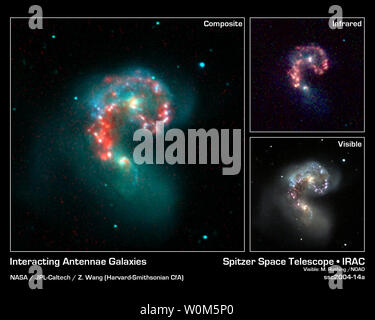 Das Falschfarbenbild von NASA's Spitzer Space Telescope verborgene Populationen von neugeborenen Sterne im Herzen der kollidierenden Galaxien 'Antennen'. Das Hauptbild wird eine falsche - Farbe der Infrared Data (rot) von Spitzer und für sichtbares Licht Daten (blau, grün) von Kitt Peak National Observatory, Tucson, Ariz. im oberen rechten Fensterbereich zeigt die Spitzer Bild von sich selbst, mit Infrarot Licht im Wellenlängenbereich von 3,6 Mikrometern (in Blau) bis 8,0 Mikrometer (in rot dargestellt). Das rechte untere Fenster zeigt die True-color, sichtbares Licht Bild von sich. Composite image Credit: NASA/JPL-Cal Stockfoto