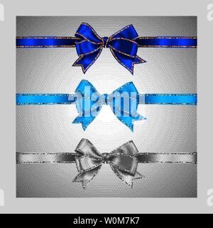 Satz von drei realistische Weiß Blau und Azure Seide Schleife mit Gold und Silber Glitzer Glanzstreifen, Vector Illustration für Dekoration, Förderung, Stock Vektor