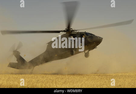 Ein UH-60 Blackhawk Hubschrauber landet Mitglieder der US-Armee B-Company, 4-23 Infanterie Regiment, 172Nd Stryker Brigade Combat Team, während eine Antenne traffic control point Mission in der Nähe von Hohen Ferne, Irak, am Montag, den 5. Juni 2006 zu extrahieren. Die Blackhawk Crew ist von B-Company, 1-207 Avn, Alaska National Guard. (UPI Foto/Jacob N. Bailey/U.S. Air Force) Stockfoto
