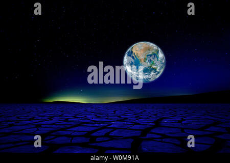 Klimawandel, globale Erwärmung, Erde, Weltraum, Reisen, Aussicht, Erde, von, Mond, gerissen, Schlamm, Ebene, Wüste, Aufstieg, Berge, Leuchten, von, Stockfoto