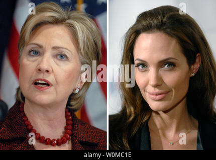 Forscher an der New England historischen Genealogischen Gesellschaft entdeckt, dass Demokratische Präsidentschaftskandidat Senator Hillary Clinton (D-NY) (L) ist ein entfernter Verwandter von Schauspielerin Angelina Jolie am 25. März 2008. Forscher entdeckten auch, daß Clinton's Kandidatur Rivale, Senator Barack Obama (D-IL) ist ein entfernter Vetter von Jolie's Freund, der Schauspieler Brad Pitt. Clinton ist dargestellt in einem am 6. März 2008, Foto und Jolie dargestellt in einem Oktober 30, 2007, Foto ist. (UPI Foto/Dateien) Stockfoto