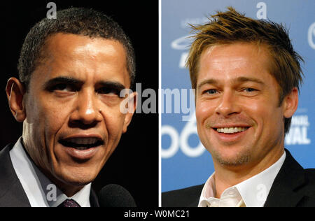 Forscher an der New England historischen Genealogischen Gesellschaft entdeckt, dass Demokratischen Präsidentschaftskandidaten Senator Barack Obama (D-IL) (L) ist ein entfernter Vetter von Schauspieler Brad Pitt am 25. März 2008. Forscher entdeckten auch, dass Obamas Kandidatur Rivale, Sen. Hillary Clinton (D-NY) ist ein entfernter Verwandter von Pitt's Freundin, Schauspielerin Angelina Jolie. Obama ist dargestellt in einem September 17, 2007, Foto und Pitt ist dargestellt in einem September 10, 2006, Foto. (UPI Foto/Dateien) Stockfoto