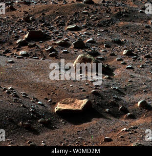 Eine dünne Schicht Wasser Frost ist auf dem Boden um NASA's Phoenix Mars Lander in dieses Bild von der Oberfläche Stereo Imager um 6:00 Uhr durchgeführt, die am 14. August 2008 sichtbar. Der Frost begann kurz nach 6 Uhr, als die Sonne auf dem Phoenix Landeplatz Rose zu verschwinden. (UPI Foto/NASA) Stockfoto