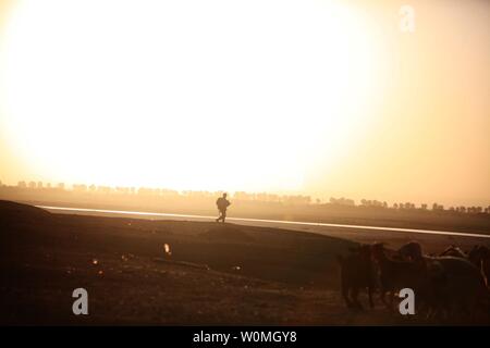 Ein Marine mit Lima Co., 3., 1. Marine Regiment, Patrouillen von Dorf zu Dorf auf der Westseite des Flusses Helmand, die Dorfältesten während einem Kampf Betrieb Ozark Mountain im Bezirk Garmsir, Provinz Helmand, Afghanistan am 14. Juni 2010. UPI/Skyler Tooker/U.S. Marines Stockfoto