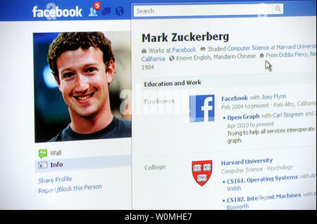 Das Facebook Homepage von Mark Zuckerberg ist im Internet am 15. Dezember 2010 dargestellt. Zuckerberg, 26, hat das Time Magazine's "Person des Jahres" für 2010 genannt worden. Zuckerberg ist der CEO und Mitbegründer von Facebook. UPI Stockfoto