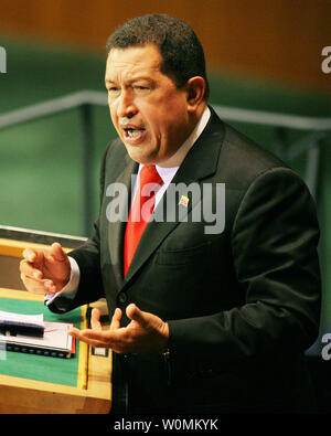 Venezuelas Präsident Hugo Chavez Frias Adressen der 64. Generalversammlung der Vereinten Nationen am 24. September 2009 in New York City, hat angeblich nach einer zweijährigen Kampf gegen den Krebs, das Ende seiner 14-jährigen Herrschaft der Land gestorben, wie die stellvertretende Präsident Nicolas Maduro, März 4, 2013. UPI/Monika Graff/Foto Stockfoto