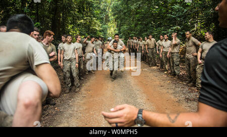 Us-Armee Fallschirmjäger an 2nd Infantry Brigade Combat Team zugewiesen, 82nd Airborne Infantry Division in platoon gegen Platoon körperliches Training bei der Französischen Jungle Warfare School in Gabun, am 17. Juni 2016 teilnehmen. Soldaten an der Französischen Jungle Warfare Schule als Teil der US-Armee Afrika übung Zentrale Accord 2016, eine jährliche, kombiniert, gemeinsame militärische Übung, die zusammen bringt Partner Nationen zu Praxis und Kenntnisse in der Durchführung von friedenserhaltenden Einsatz demonstrieren. Foto von SPC. Audrequez Evans/U.S. Armee/UPI Stockfoto