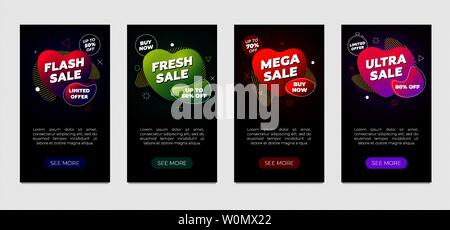 Verkauf Banner Design Vorlage Satz. Dynamischer moderner Gradientenfluid Flyer auf schwarzem Hintergrund. Flash Fresh Mega ultra Rabatt Einzelhandel bieten flüssige Form Poster. Vektor Marketing Promo Coupon Illustration Stock Vektor