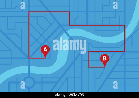 Stadt Stadtplan plan mit GPS-Pins und Navigation Route von A nach B Punkt Marker. Vektor Blau eps Abbildung: Schema Stock Vektor
