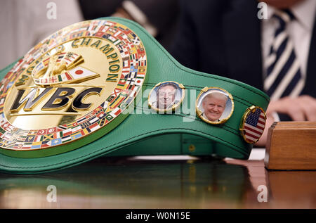 US-Präsident Donald Trump Zeichen ein Executive Gewährung von Gnade für ehemalige Boxweltmeister Jack Johnson im Oval Office des Weißen Hauses am 24. Mai 2018 in Washington, DC. Jack Johnson, der erste Afrikaner - heavyweight Champion war vor einem Jahrhundert verhaftet, nachdem Sie eine Beziehung mit einer weißen Frau. Foto von Olivier Douliery/UPI Stockfoto