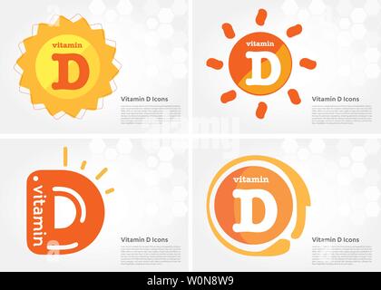 Vitamin D Sonne Pille Kapsel icon Sammlung Schwarz gesetzt, Cholecalciferol. Goldene Vitamin Komplex mit der chemischen Formel Substanz. Medizinische Stock Vektor