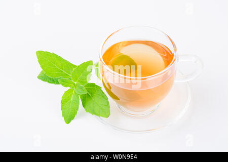 Pfefferminztee und frischer Pfefferminze Blätter auf weißem Hintergrund Stockfoto