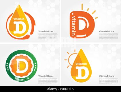 Vitamin D Sonne Pille Kapsel icon Sammlung Schwarz gesetzt, Cholecalciferol. Goldene Vitamin Komplex mit der chemischen Formel Substanz. Medizinische Stock Vektor