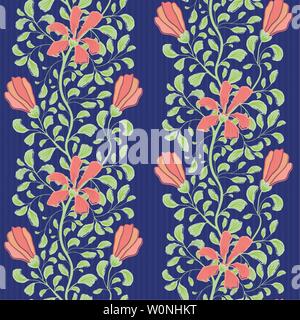 Schönen indischen floral Hälfte drop Design mit korallenroten Blumen und Laub. Die nahtlose Vektor Gestreifte Muster auf blauem Hintergrund. Toll für Wohlbefinden Stock Vektor