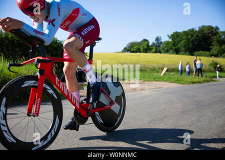 Harry Tanfield von katjuscha Alpecin, Zeit der Elite Männer Versuch an der Nationalstraße Meisterschaften, die in Norfolk, England, Juni 2019 nahm Stockfoto