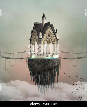 Fantasy flying House - konzeptionelle Darstellung über das Reisen mit Ihrem Verstand Stockfoto