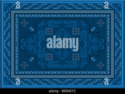 Vintage luxus Teppich in Blau und bläuliche Farbtöne mit einer zentralen blauen Ornament von gebogenen Zweige mit Blättern Stock Vektor