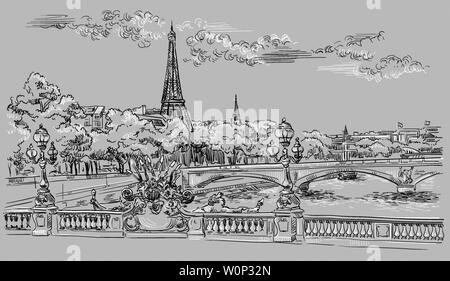 Vektor hand Zeichnung Abbildung: Eiffelturm (Paris, Frankreich). Wahrzeichen von Paris. Stadtbild mit Eiffelturm und Pont Alexandre III, mit Blick auf Seine Stock Vektor