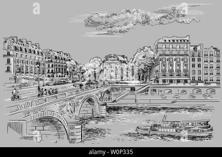 Vektor hand Zeichnung Abbildung von Pont Saint Michel Brücke (Paris, Frankreich). Wahrzeichen von Paris. Stadtbild mit Saint Michel Brücke und Pariser Straße. Stock Vektor