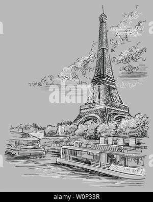 Vektor hand Zeichnung Abbildung: Eiffelturm (Paris, Frankreich). Wahrzeichen von Paris. Stadtbild mit dem Eiffelturm, mit Blick auf Seine River Embankment. Vect Stock Vektor
