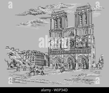 Vektor hand Zeichnung Abbildung der Kathedrale Notre Dame (Paris, Frankreich). Wahrzeichen von Paris. Stadtbild mit der Notre Dame Kathedrale. Vektor hand Zeichnung Stock Vektor