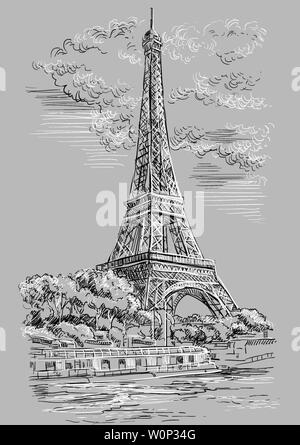 Vektor hand Zeichnung Abbildung: Eiffelturm (Paris, Frankreich). Wahrzeichen von Paris. Stadtbild mit dem Eiffelturm, mit Blick auf Seine River Embankment. Vect Stock Vektor