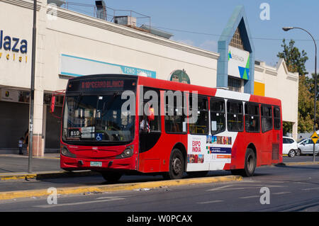 SANTIAGO, CHILE - MÄRZ 2017: Ein roter Bus Transantiago an einem sonnigen Tag in Santiago. Stockfoto