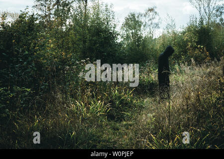Eine dunkle, gruselige hooded Abbildung, stehend im Waldland, mit einem stumm geschalteten bearbeiten. Stockfoto
