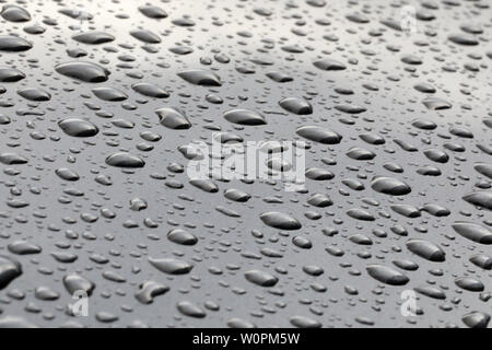 Muster der Regen Wassertropfen perlen auf einer polierten graues Metall oberfläche. Perlen von Regen sitzen auf einem sauberen grauer Hintergrund Stockfoto