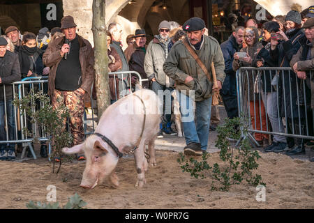 Uzès, Frankreich: 20. Januar 2019: Die 2019 Uzes Trüffel Festival, an dem Ort, an aux Herbes, wo die Menschen feiern, Geschmack, kaufen und erfahren Sie mehr über die Trüffel Stockfoto