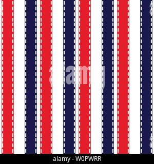 Stoff retro Colour Style nahtlose Streifenmuster mit blauen, roten und weißen vertikalen parallelen Streifen. Abstrakt Hintergrund. Stock Vektor