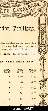 Archiv Bild ab Seite 195 der beschreibenden Katalog der eine Wahl. Beschreibender Katalog der Sammlung von pflanzlichen, landwirtschaftlichen und Blumensamen, Gladiolen, Lilien und andere Sommerblüher descriptivecatal 1880 bkbl Jahr: 1880 Anlage Stakes, Topf, Pflanze und Garten Spalieren. Diese sehr nützlichen und dekorativen Artikeln sind von unschätzbarem Wert für die Ausbildung Pflanzen, Sträucher, Rebstöcke, etc., entweder wenn sie in Töpfe oder in die offene Grenze gewachsen. Sie sind aus Schilf, grün lackiert; sind sehr leicht, und ihre Form behalten, und sind viel billiger als solche aus Draht. Beschreibende Catalogu Stockfoto