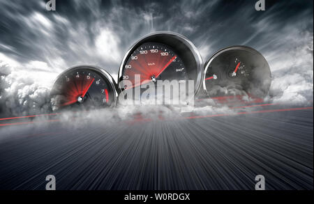 Tachometer zählen hohe Geschwindigkeit in eine schnelle Motion blur Rennstrecke Hintergrund. Beschleunigung Auto Hintergrund Foto Konzept. Stockfoto