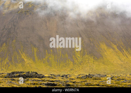 Lavafeld Eldhraun, Durchfluss und Ridge mit grünem Moos in Island abgedeckt Stockfoto