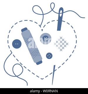 Vector Illustration mit Herz Stiche, Nadel mit Faden, Buttons, Spule mit Gewinde. Werkzeuge, Zubehör für Nähmaschinen. Für das Design, die Struktur der Vorlage, pri Stock Vektor