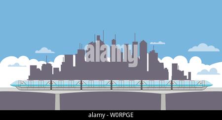 Monorail Zug und Stadt Silhouette Banner Vektor Illustration. Kopierraum im Himmel, zukünftiges Transportkonzept. Stock Vektor