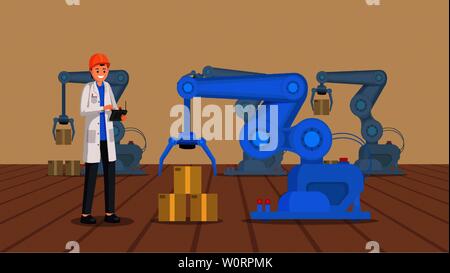 Lager Robotik flachbild Vector Illustration. Bediener, Techniker, um die automatischen Loader, Roboterarm cartoon Charakter. Industrielle Entwicklung, Robotik und Automation smart Technologies Stock Vektor