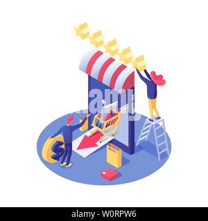 Online Shop Bewertung Vektor isometrische Darstellung. Mit Markise und Klassifizierung Sterne Smartphone, Käufer der Bestellung von Waren im Internet store isoliert Clipart. Käufer und Verkäufer, Shop Assistant 3d Zeichen Stock Vektor