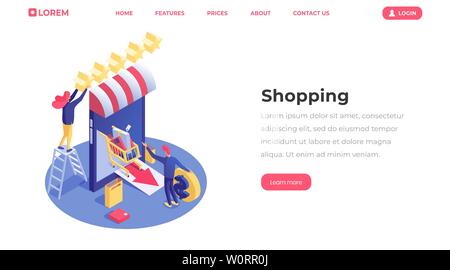 Shopping landing page isometrische Vektor Vorlage. E-Commerce und e-Handel Industrie, Geschäftsmann starten Online Store, Internet Shop Bewertung 3d-Fahne. Händler und Shop Assistant Zeichen Stock Vektor