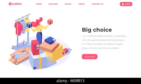 Online store Wahl isometrische landing page. Kunden den Kauf von Produkten, weibliche Verkäufer, Verkäuferin, Güter 3d-Charakter. Kleidung Shop, Mode Boutique Sortiment Web Banner Vorlage Stock Vektor